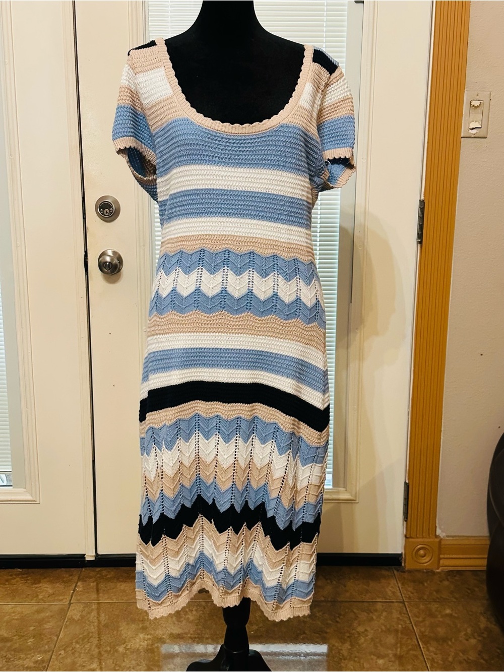 Striped Knit Midi Dress in Blue, White & Beige